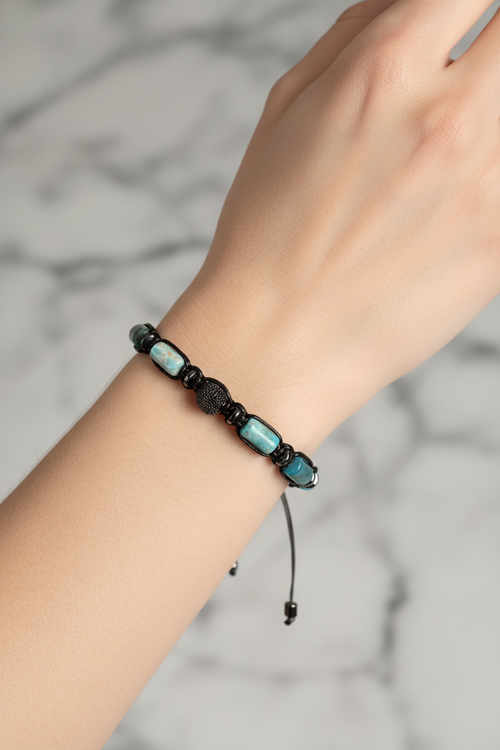 Apatit - Hematit Doğal Taş Zirkon Aparatlı Makrome Bileklik