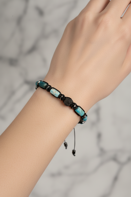 Apatit - Hematit Doğal Taş Zirkon Aparatlı Makrome Bileklik