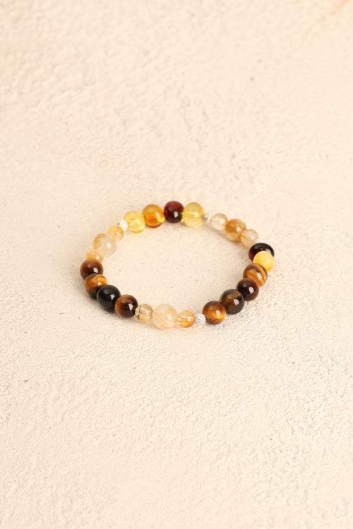 Aslan Burcu -Kehribar - Kaplan Gözü - Sitrin  Doğal Taş Gümüş Aparatlı Bileklik