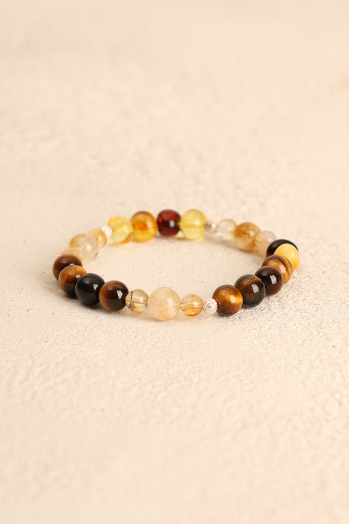 Aslan Burcu -Kehribar - Kaplan Gözü - Sitrin  Doğal Taş Gümüş Aparatlı Bileklik