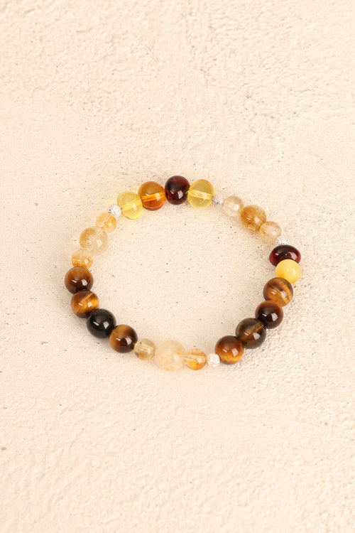 Aslan Burcu -Kehribar - Kaplan Gözü - Sitrin  Doğal Taş Gümüş Aparatlı Bileklik