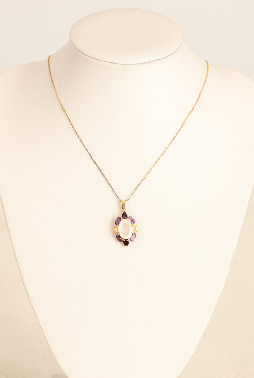 Ay Taşı - Ametist - Sitrin - Lal Garnet Doğal Taş 925 Ayar Gümüş Kolye | Özel Tasarım |