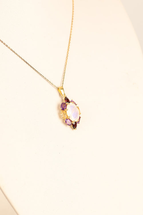 Ay Taşı - Ametist - Sitrin - Lal Garnet Doğal Taş 925 Ayar Gümüş Kolye | Özel Tasarım |