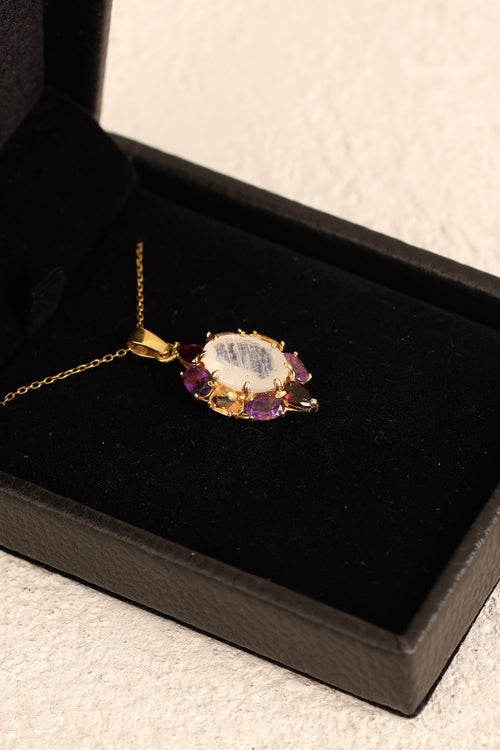 Ay Taşı - Ametist - Sitrin - Lal Garnet Doğal Taş 925 Ayar Gümüş Kolye | Özel Tasarım |