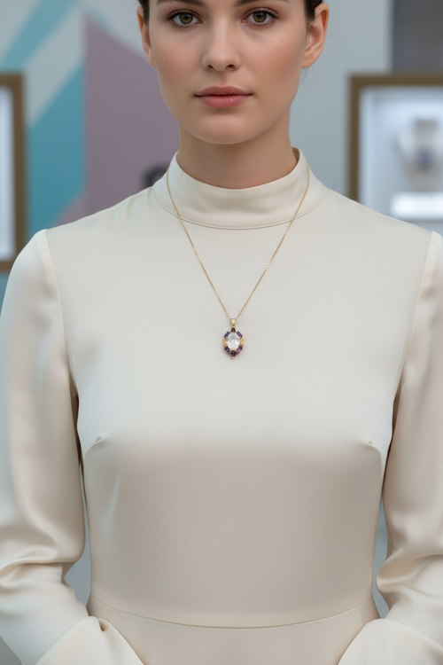 Ay Taşı - Ametist - Sitrin - Lal Garnet Doğal Taş 925 Ayar Gümüş Kolye | Özel Tasarım |