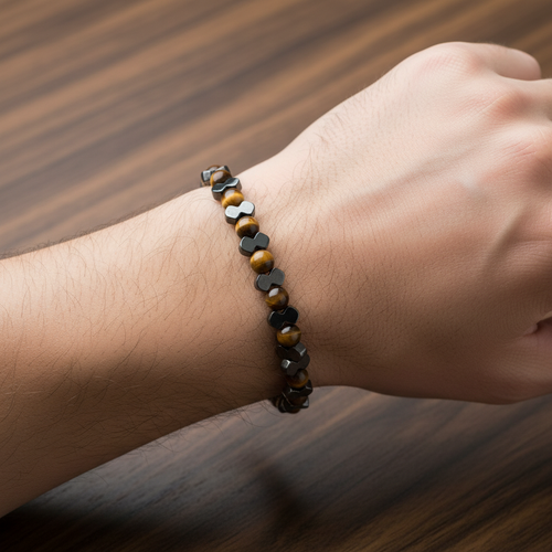 Kaplan Gözü & Hematit Doğal Taş Erkek Bileklik – El İşçiliği