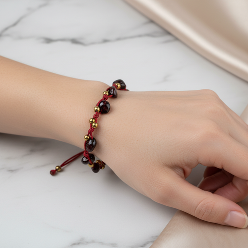 Bordo Granat Lal Natürel Kesim Doğal Taş Makrome Bileklik – Unisex El İşçiliği - Görsel 1 - Safnaturel