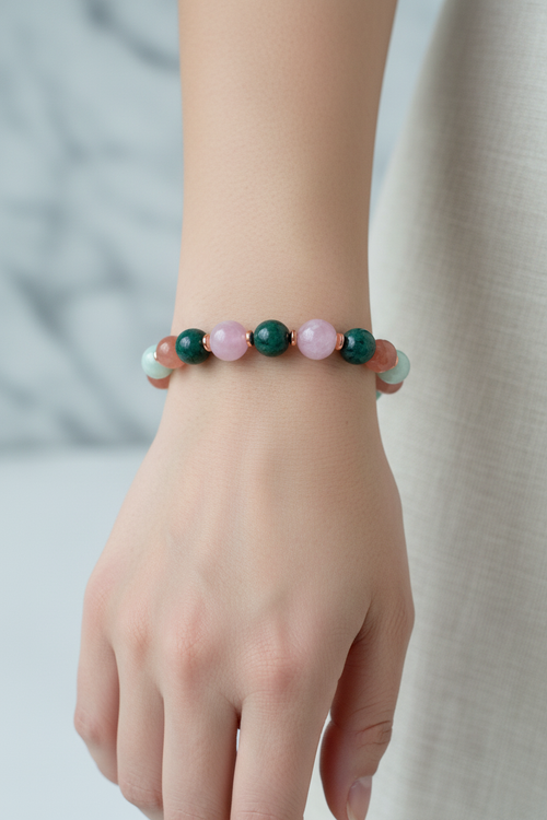 Yemen Akiği, Larimar, Kunzit, Zümrüt ve Hematit Doğal Taş Bileklik – Misinalı, Unisex Tasarım - Görsel 1 - Safnaturel