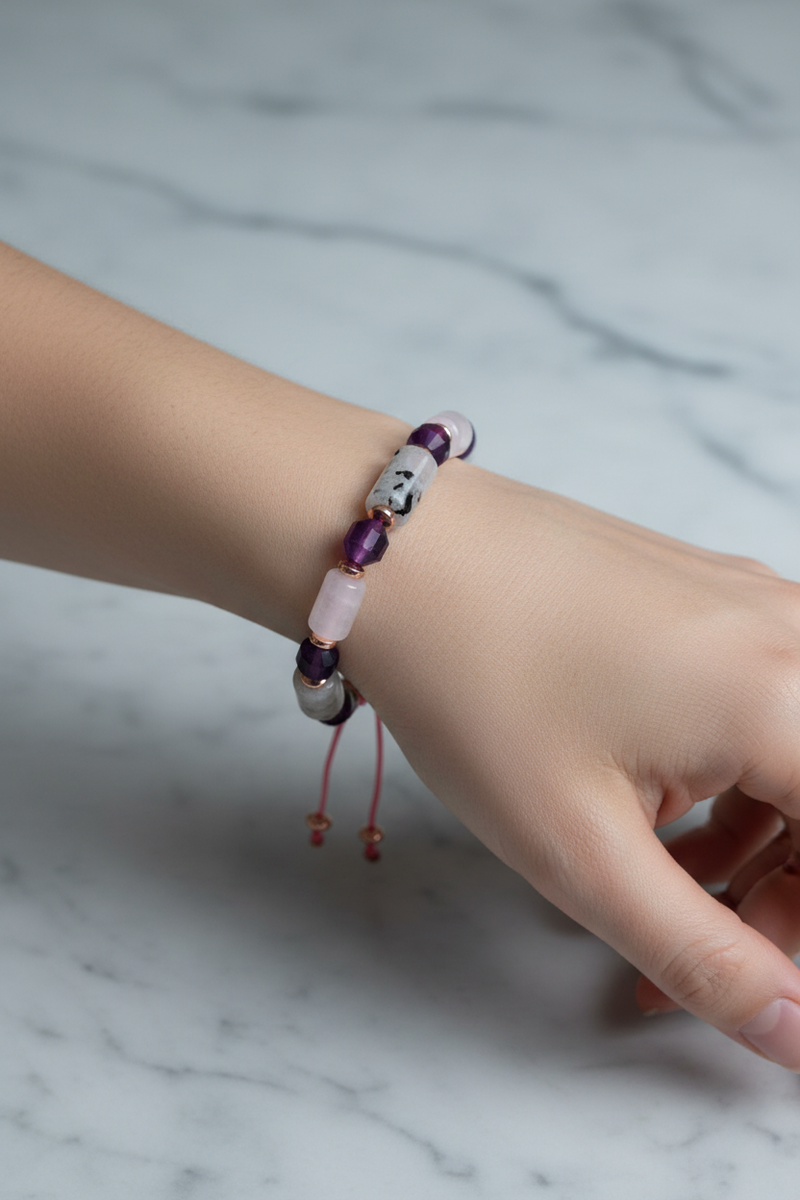 Ametist, Ay Taşı ve Pembe Kuvars Doğal Taş Bileklik – Unisex Şık Tasarım - Görsel 2 - Safnaturel