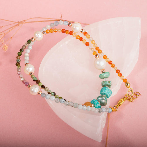 İnci-Amazonit-Turuncu Aventurin-Karnelyan Akik-Akuamarin-Renkli Turmalin-Krizopras Doğal Taş Kolye