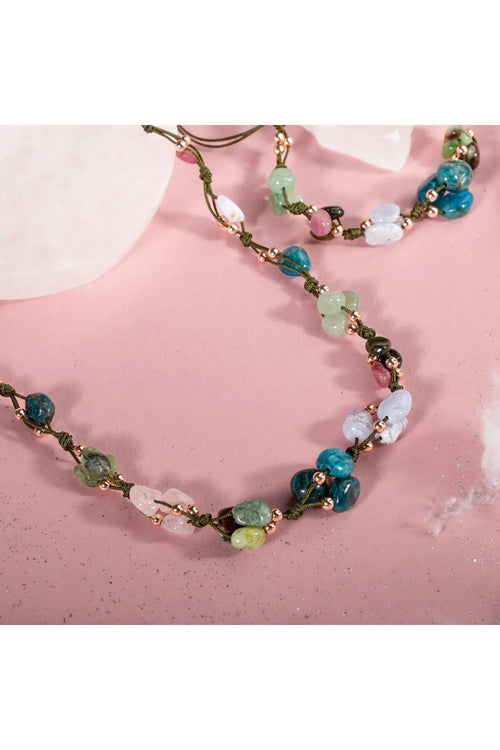 Boğa Burcu Doğal Taş Natürel Makrome Kolye Bileklik Seti Apatit Aventurin Kiyanit Kalsedon Krizopras Pembe Kuvars Turmalin