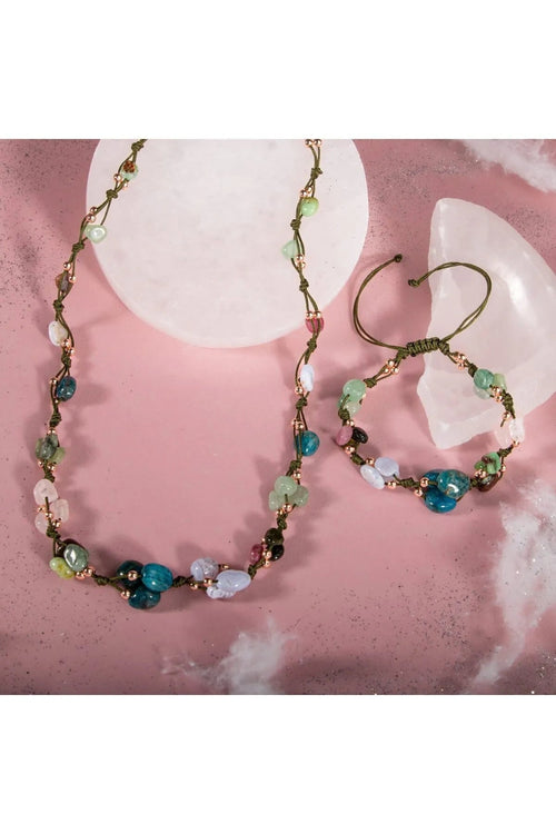 Boğa Burcu Doğal Taş Natürel Makrome Kolye Bileklik Seti Apatit Aventurin Kiyanit Kalsedon Krizopras Pembe Kuvars Turmalin