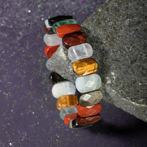 Kova Burcu Bileklik Akuamarin, Bordo Granat Lal, Jasper, Kaplan Gözü, Labradorit, Obsidyen, Selenit, Yeşil Florit