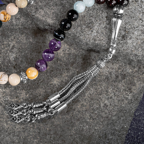 Koç Burcu Tesbih Akuamarin, Ametist, Bordo Granat Lal, Kan Taşı, Sarı Jasper, Siyah Göz Akik