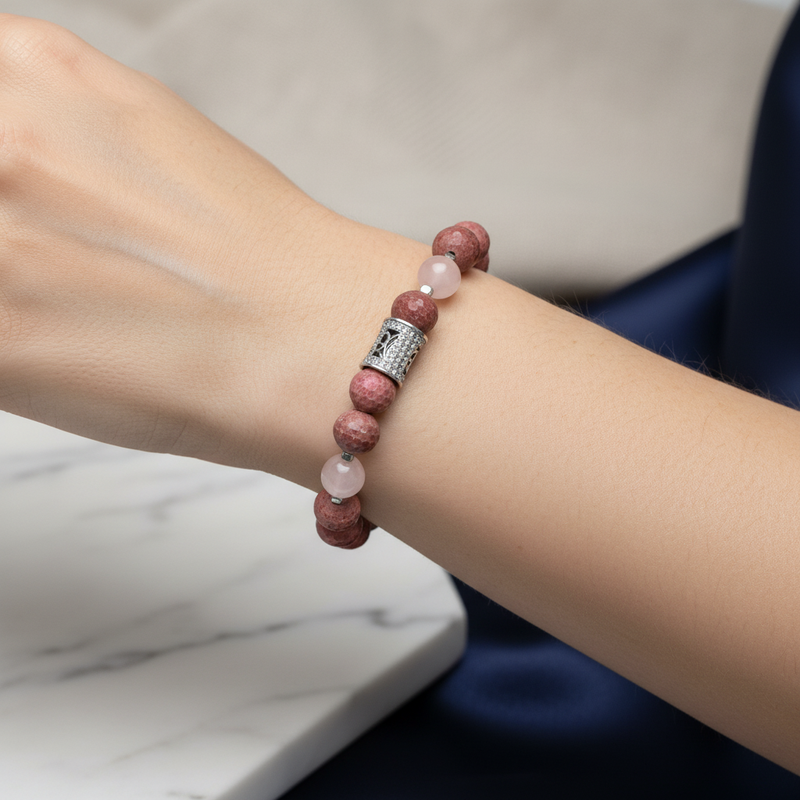 Rodonit & Pembe Kuvars Zirkon Aparatlı 925 Ayar Gümüş Bileklik – Özel Tasarım - Görsel 2 - Safnaturel