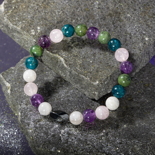 Balık Burcu Bileklik Ametist, Ay Taşı, Mavi Apatit, Pembe Kuvars, Yeşim