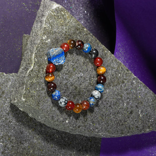 Oğlak Burcu Bileklik Bordo Granat Lal, Kaplan Gözü, Karlı Obsidyen, Kırmızı Akik, Lapis Lazuli