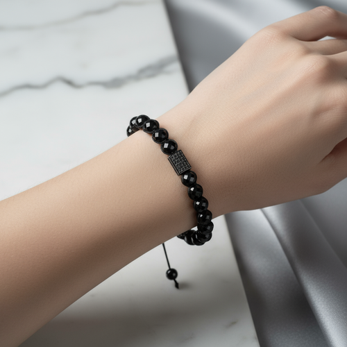 Siyah Göz Akik ve Zirkon Doğal Taş Bileklik – Unisex Şık Tasarım