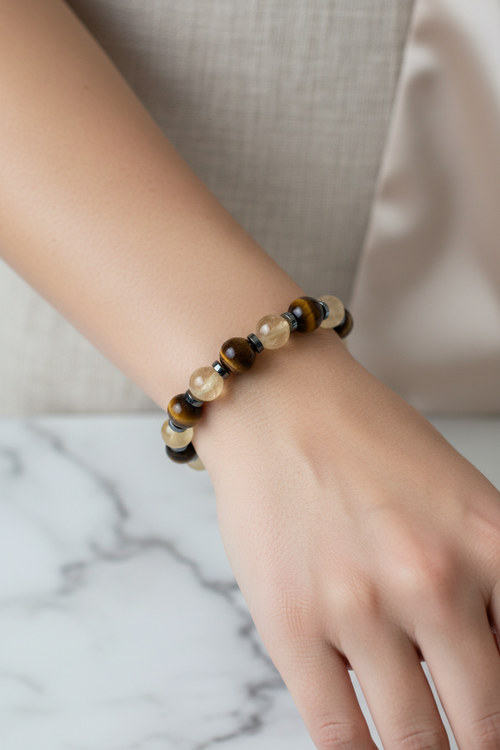 Kaplan Gözü – Sitrin – Hematit Doğal Taş Bileklik – 10 mm Tasarım