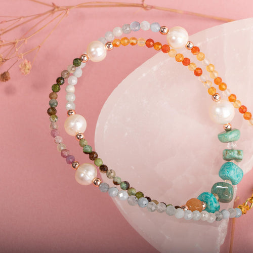 İnci-Amazonit-Turuncu Aventurin-Karnelyan Akik-Akuamarin-Renkli Turmalin-Krizopras Doğal Taş Kolye