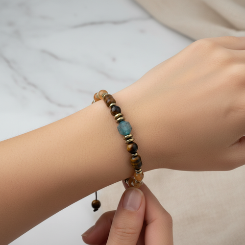 Kaplan Gözü, Aventurin ve Apatit Doğal Taş Bileklik – Unisex Şık Tasarım