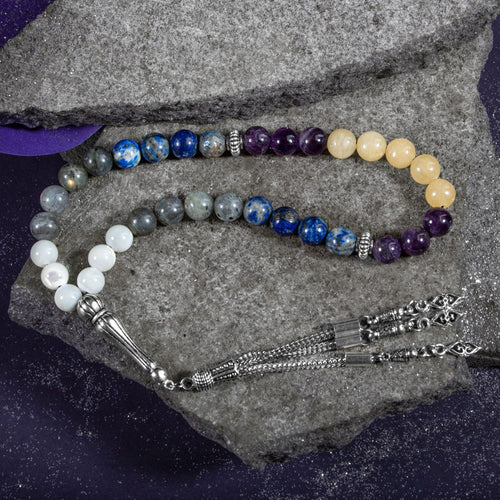 Yay Burcu Tesbih Ametist, Kalsit, Labradorit, Lapis Lazuli, Sedef