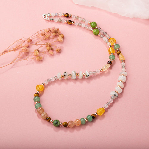 Yeşim-Kaplan Gözü-Hematit-Güneş Taşı-Aventurin-Sitrin-Kehribar-Labradorit-Ay Taşı-Pembe Kuvars Doğal Taş Kolye