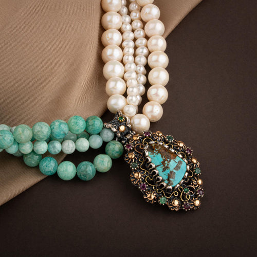 İnci-Amazonit Doğal Taş El İşlemesi Koleksiyon Turkuaz Kolye - 45cm