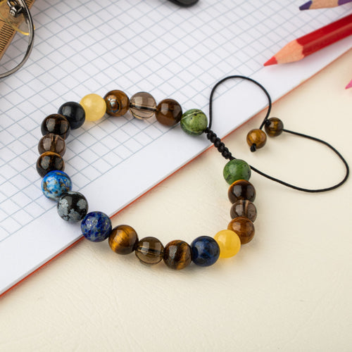 Öğrenci Doğal Taş Bileklik-Karlı Obsidyen-Lapis-Kaplan Gözü-Dumanlı Kuvars-Sodalit-Kalsit-Yeşim