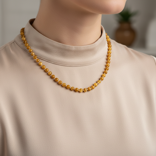 Doğal Taş Sarı Jasper 6mm Düğümlü Kolye