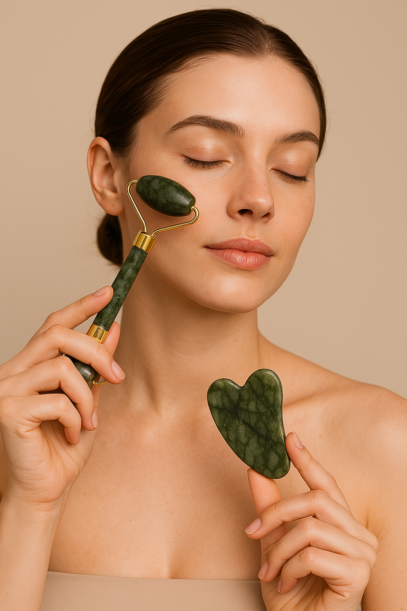 Doğal Taş Yeşim (Serpantin) Kalpli Roler Gua Sha Masaj Seti AAAA Kalite Birinci Sınıf - Safnaturel