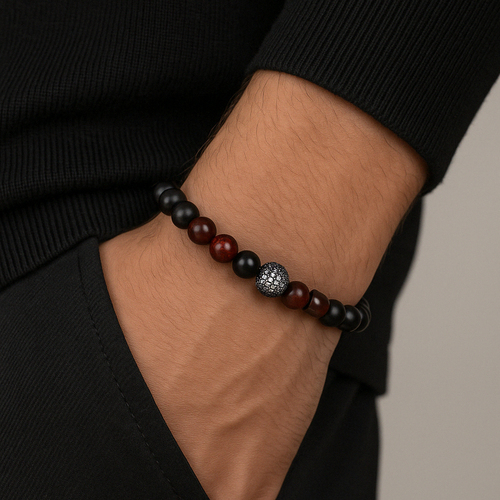 Dragon Jasper - Hematit Doğal Taş Zirkon Aparatlı Erkek Bileklik