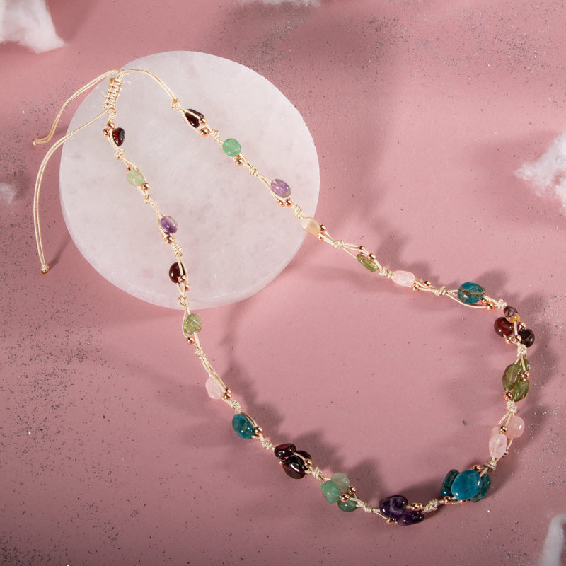 Başak Burcu Kolye Ametist, Bordo Granat Lal, Jasper, Mavi Apatit, Pembe Kuvars, Yeşil Aventurin, Zebercet (Peridot)