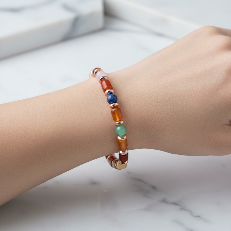 Kız Öğrenci Doğal Taş Bileklik – Kırmızı Akik, Yeşil Aventurin, Lapis Lazuli, Ay Taşı, Kalsit, Sodalit, Pembe Kuvars & Hematit – Özel Tasarım - Görsel 1 - Safnaturel