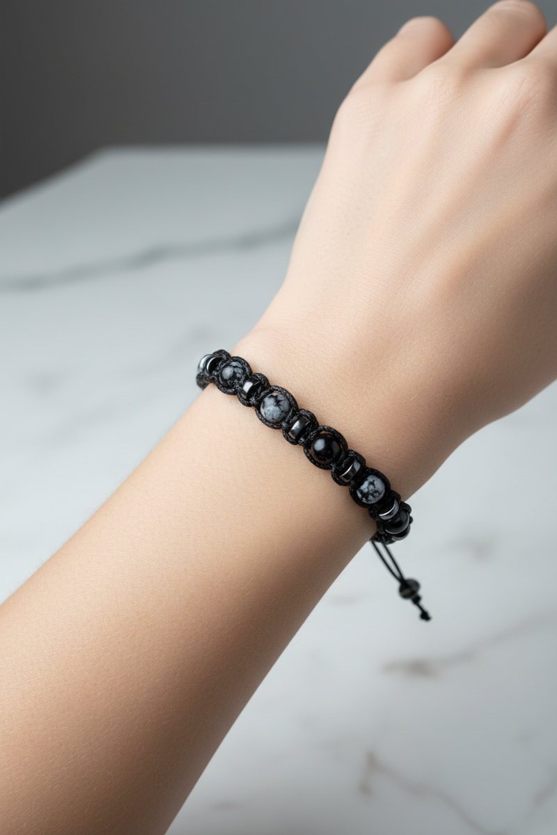 Karlı Obsidyen ve Hematit Doğal Taş Bileklik – İpli, 6 mm Unisex Tasarım - Görsel 1 - Safnaturel