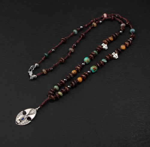 Erkek Kolyesi Hindistan Cevizi Kabuğu-turkuaz-kaplan Gözü-hint Akik-hematit Doğal Taş Gümüş Tasarım Kolye