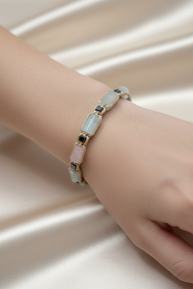 Heliodor ve Hematit Doğal Taş Bileklik – İpli Köşeli Makrome Model, Unisex Tasarım - Görsel 1 - Safnaturel