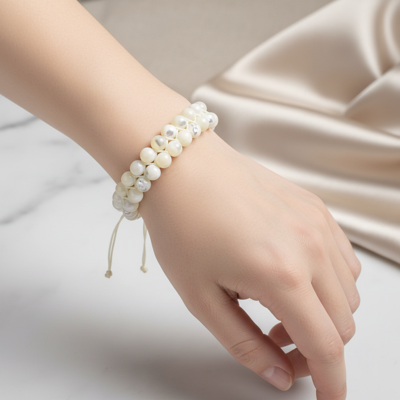 Beyaz Sedef 8mm Çift Sıra Makrome Doğal Taş Bileklik - Görsel 1 - Safnaturel