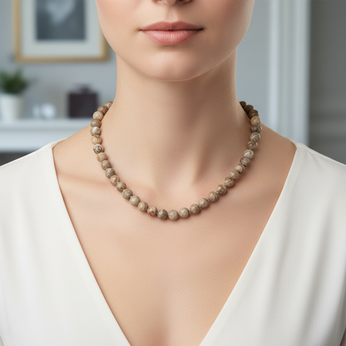 Fosil Mercan 8 mm Düğümlü Doğal Taş Kolye