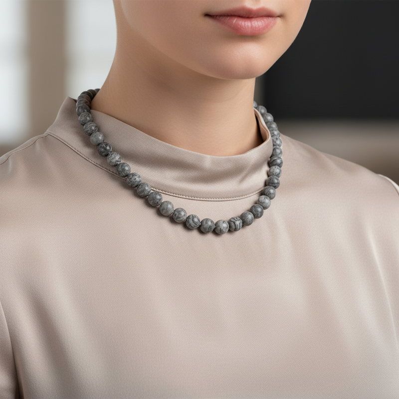 Gri Jasper 8 mm Düğümlü Doğal Taş Kolye - Görsel 1 - Safnaturel
