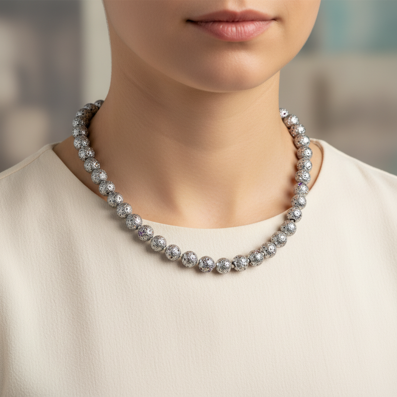 Gri Lav Taşı 8 mm Düğümlü Doğal Taş Kolye - Görsel 1 - Safnaturel