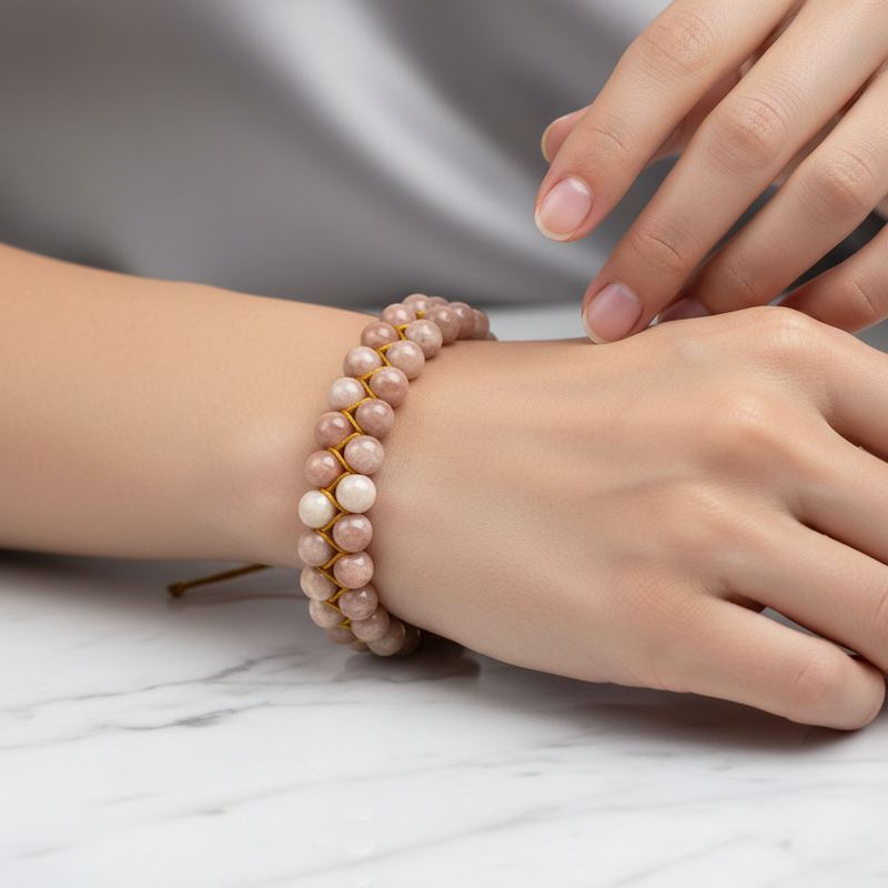 Güneş Taşı Doğal Taş Çift Sıra Makrome Bileklik 8 mm - Görsel 1 - Safnaturel