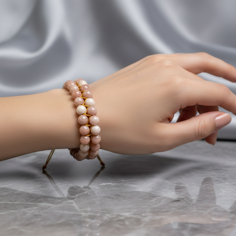 Güneş Taşı Doğal Taş Çift Sıra Makrome Bileklik 8 mm - Görsel 2 - Safnaturel