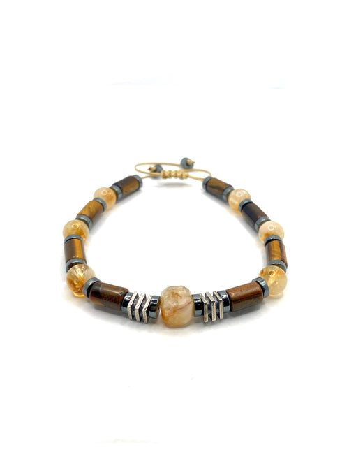 Hakiki Doğal Özel Kesim Kaplan Gözü - 8mm Sitrin - Hematit Doğal Taş İpli Ayarlanabilir Bileklik