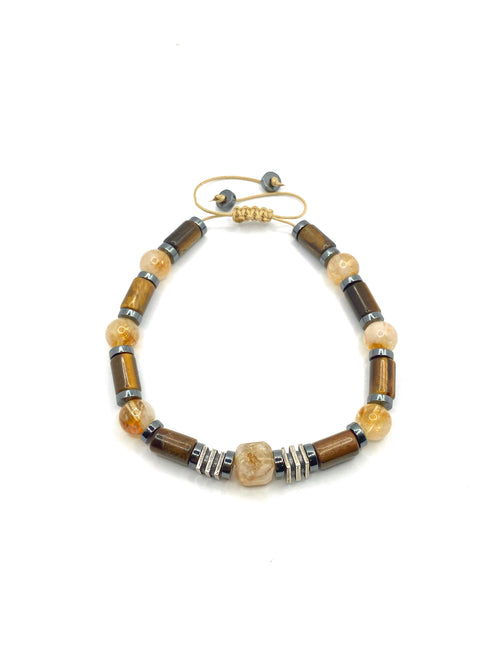 Hakiki Doğal Özel Kesim Kaplan Gözü - 8mm Sitrin - Hematit Doğal Taş İpli Ayarlanabilir Bileklik