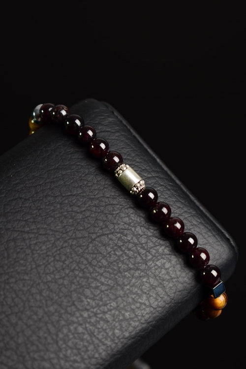 Hessonite - Tiger Eye - Garnet 925 Silver Device Men's Bracelet