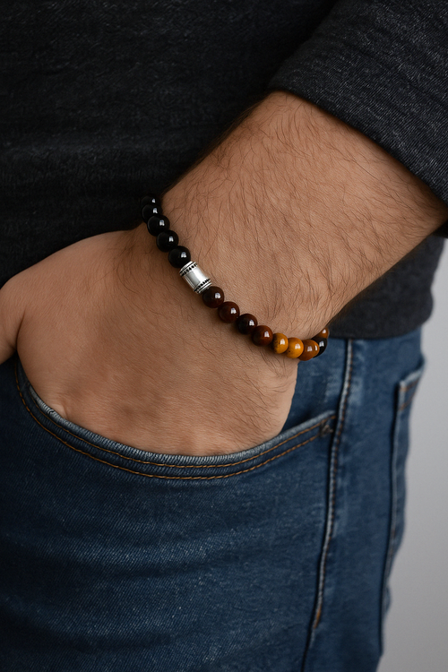 Hessonit  - Kaplan Gözü - Lal  Garnet 925 Gümüş Aparatlı Erkek Bileklik