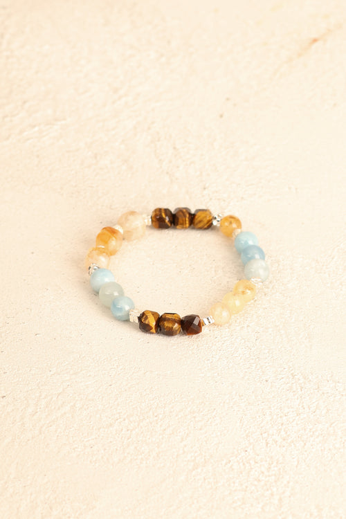 İkizler Burcu - Akuamarin - Sitrin - Kaplan Gözü Doğal Taş Gümüş Aparat Bileklik