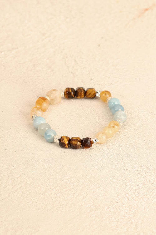 İkizler Burcu - Akuamarin - Sitrin - Kaplan Gözü Doğal Taş Gümüş Aparat Bileklik