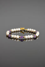 İnci - Ametist Doğal Taş Gümüş Kapama Tasarım Bileklik